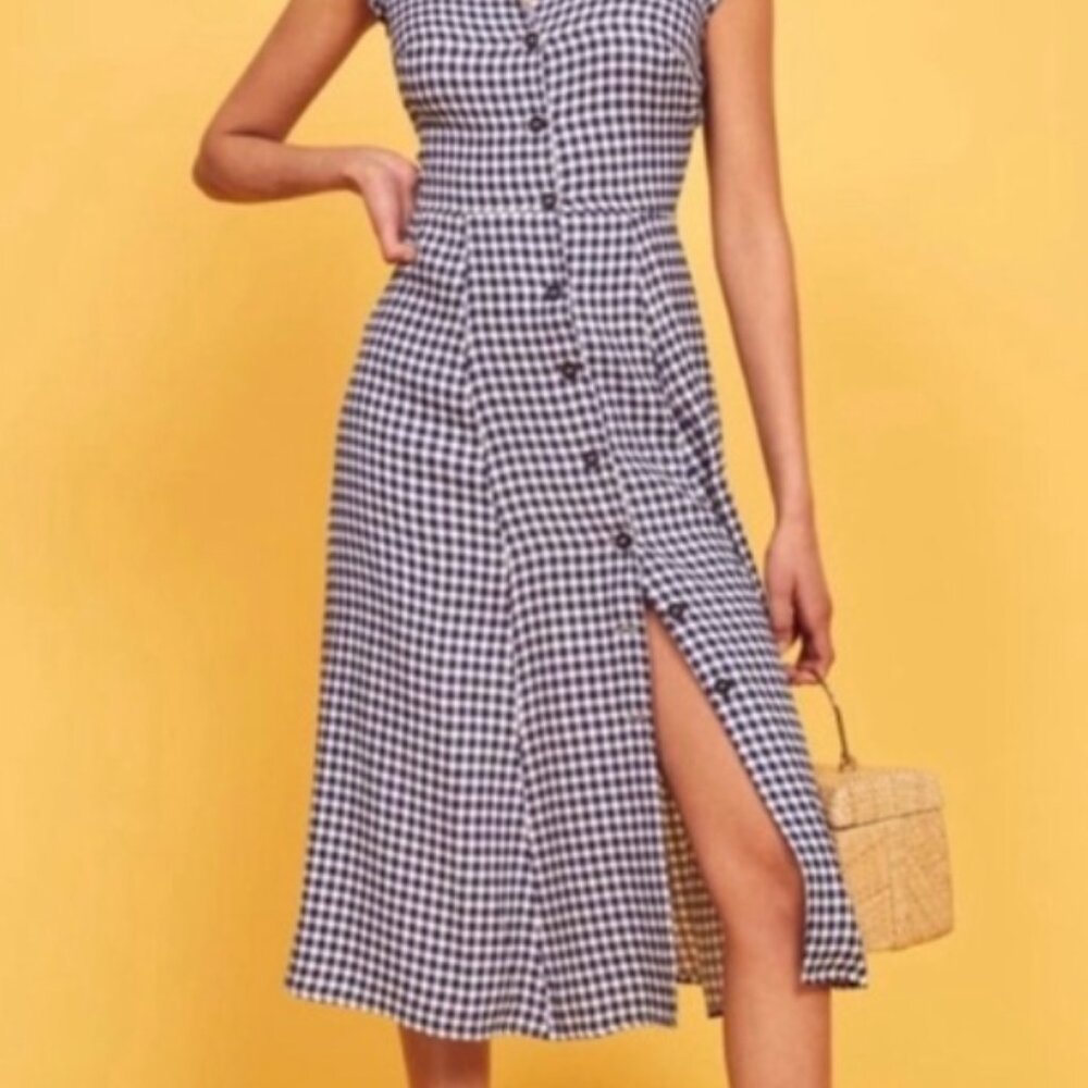 Reformation Fauna Blue Gingham Midi Dress Size 6 - Picture 2 of 6